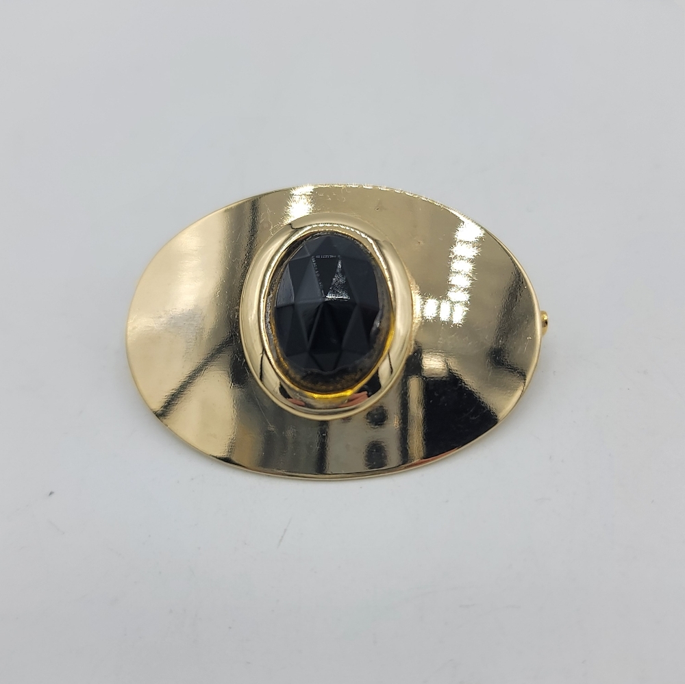 Gold Tone Oval Brooch Black Faceted Stone Retro Pin Minimalist Jewelry Vintage